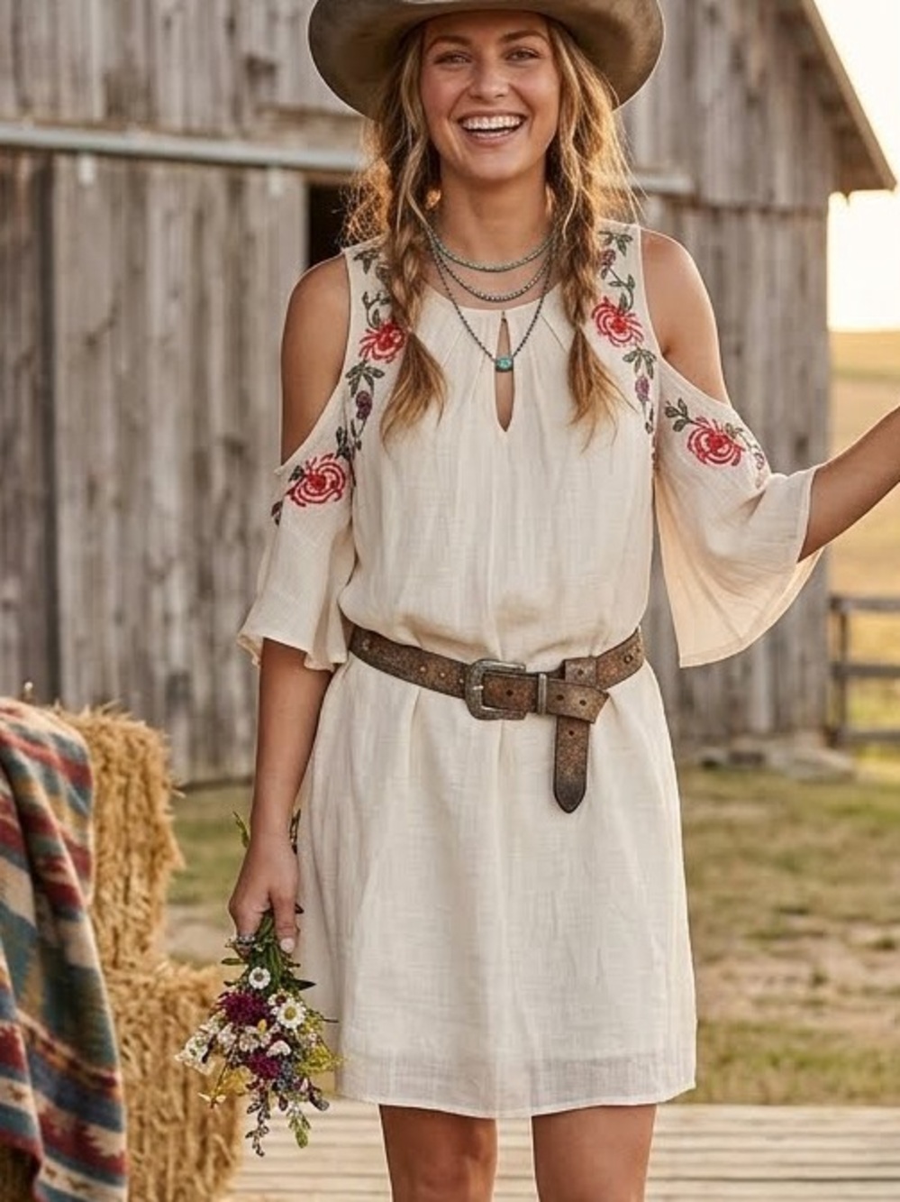 Altar'd State Cream Cold Shoulder Floral Embroidered Linen Tunic Dress Medium